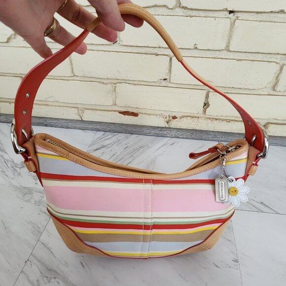 Like New Vintage Coach Hampton Multi-Colored Stripe Handbag Satchel Purse M - Picture 1 of 11